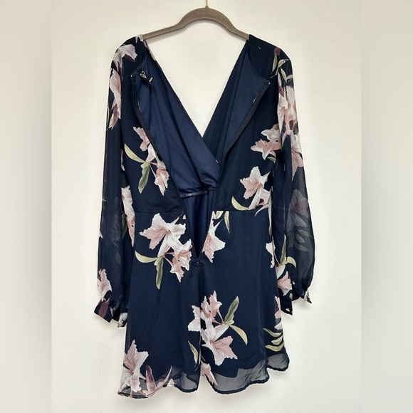 Windsor Navy Blue Floral Chiffon Long Sleeve Skater Flowy Dress M Medium - Picture 4 of 12